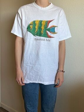 Emerald Isle White T-Shirt with Green & Yellow Fish Graphic
